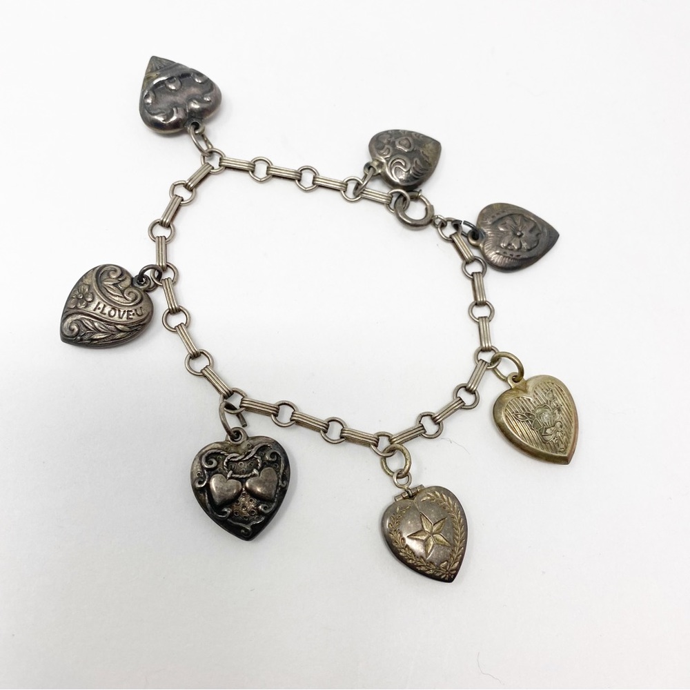 707 Vintage Heart Sterling Silver Charm Bracelet With 7 Charms